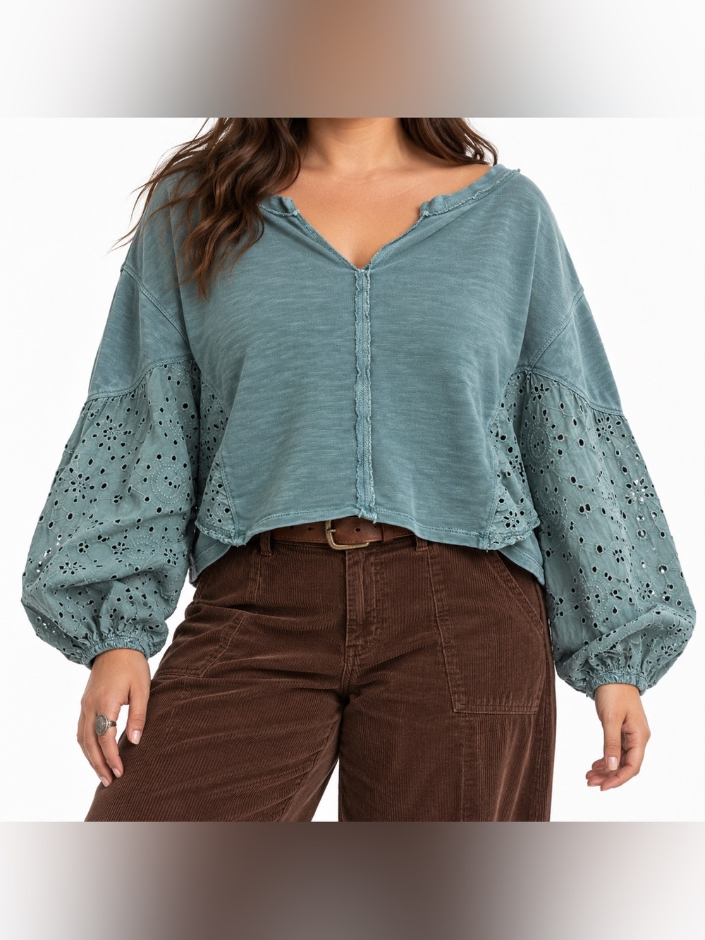 Pilcro Anthropologie Eyelet Sleeve Cropped Sweatshirt Green Fairy Grunge XL